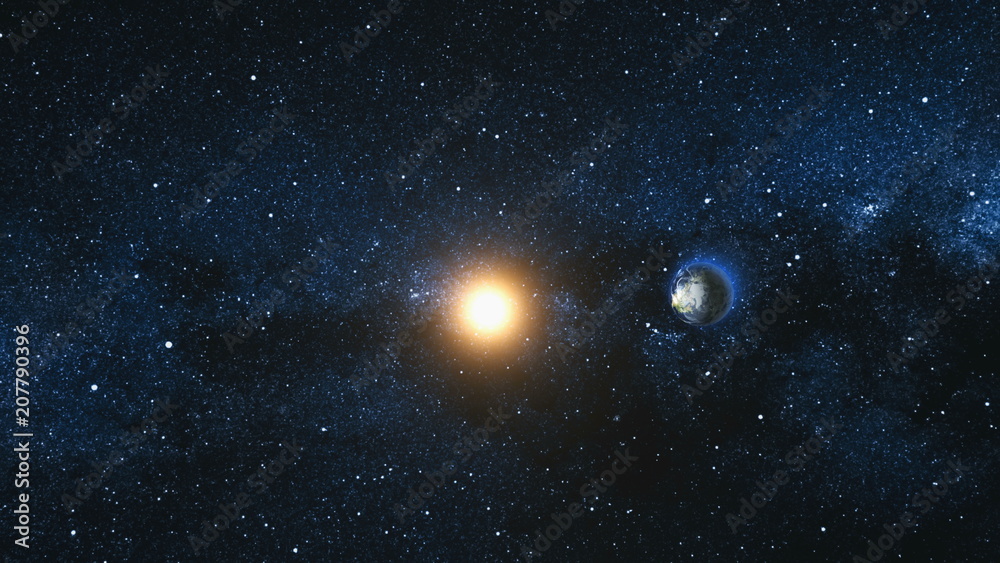 Wall mural space view on planet earth and sun star rotating on its axis in black universe. milky way in the bac