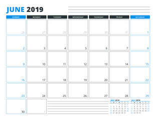 Calendar Template for June 2019. Business Planner Template. Stationery Design. Week starts on Sunday. Landscape orientation. Vector Illustration
