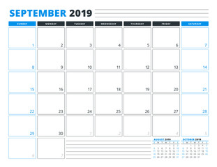 Calendar Template for September 2019. Business Planner Template. Stationery Design. Week starts on Sunday. Landscape orientation. Vector Illustration