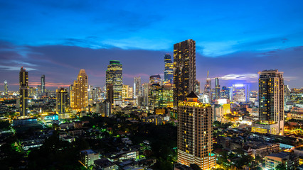Fototapeta na wymiar Bangkok City - Aerial view beautiful sunset Bangkok city downtown skyline of Thailand , cityscape at night , landscape Bangkok Thailand