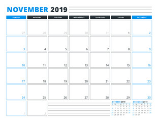 Calendar Template for November 2019. Business Planner Template. Stationery Design. Week starts on Sunday. Landscape orientation. Vector Illustration