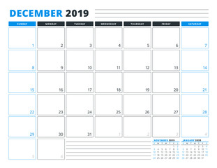 Calendar Template for December 2019. Business Planner Template. Stationery Design. Week starts on Sunday. Landscape orientation. Vector Illustration