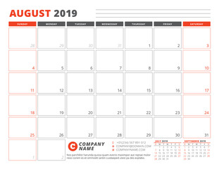 Calendar Template for August 2019. Business Planner Template. Stationery Design. Week starts on Sunday. Landscape orientation. Vector Illustration