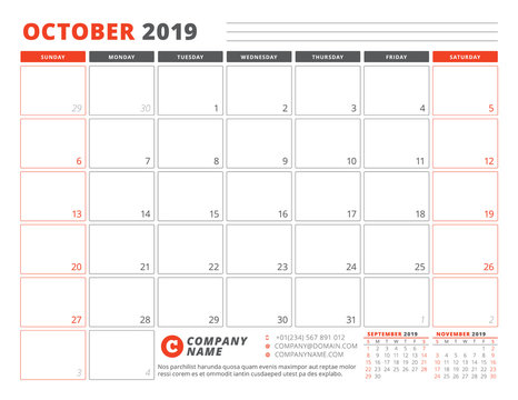 Calendar Template for October 2019. Business Planner Template. Stationery Design. Week starts on Sunday. Landscape orientation. Vector Illustration