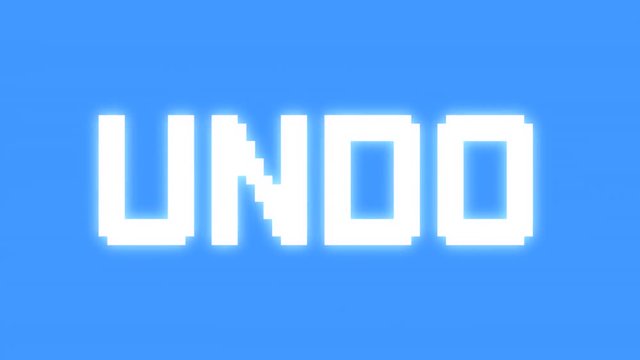 A big text message on a light blue screen with a heavy distortion glitch fx: Undo.

