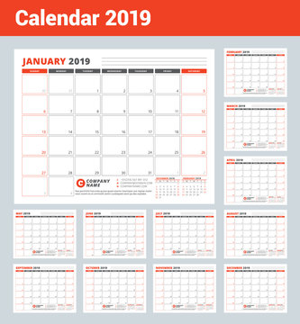 Calendar Template for 2019 year. Business Planner Template. Stationery Design. Week starts on Sunday. Landscape orientation. Vector Illustration