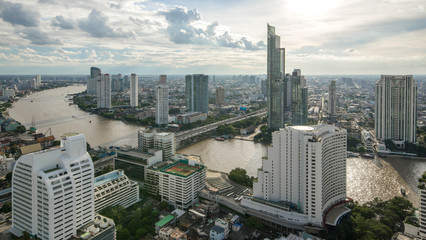 Aerial view  curve Chao Phraya River Bangkok city downtown skyline of Thailand , Panoramic Cityscape Thailand