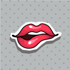 Fashion patch badge with sexy biting lips pop art style sticker with dot background
