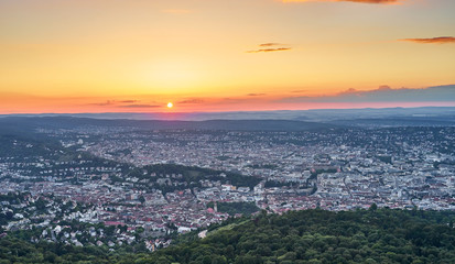 Sunset over Stuttgart City in Germany / View from the first TV Tower in the world