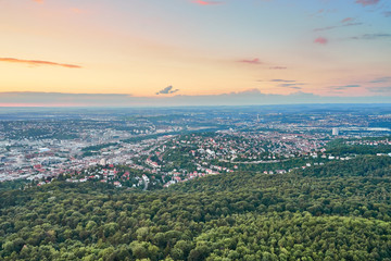 Sunset over Stuttgart City in Germany / View from the first TV Tower in the world