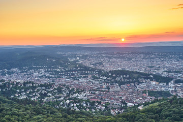 Obraz premium Sunset over Stuttgart City in Germany / View from the first TV Tower in the world