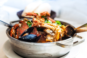 closeup mix seafood soup pot