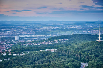 Sunset over Stuttgart City in Germany / View from the first TV Tower in the world
