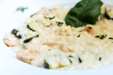 Tasty risotto with Shrimp, fresh herbs vegetables on a white plate