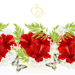 Floral border seamless background red hibiscus flowers  with jasmine and butterfly vintage  vector Illustration for use in interior design,  dishes, clothing, packaging, greeting cards
