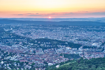 Sunset over Stuttgart City in Germany / View from the first TV Tower in the world