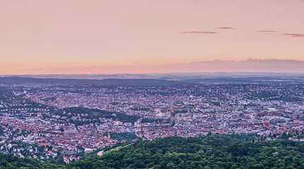 Sunset over Stuttgart City in Germany / View from the first TV Tower in the world