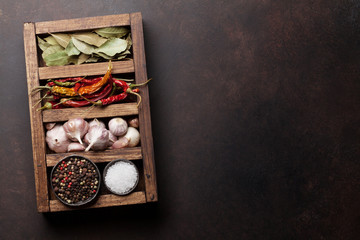 Dry spices in wooden box