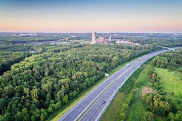 Aerial view on A4 motorway through Silesia and coal mine.