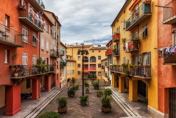 Colorful Old Town Houses in Nice City in France