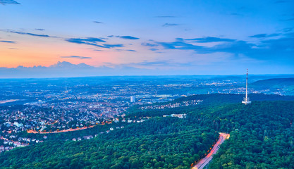 Sunset over Stuttgart City in Germany / View from the first TV Tower in the world