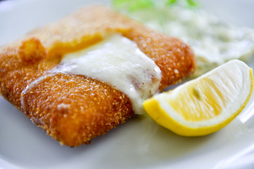 fried  cheese, mayonnaise, parsley ,lemon, plate