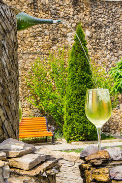 Beautiful View To Wine Fountain Outside The Winery On Moldavia In Sunny Summer Day.