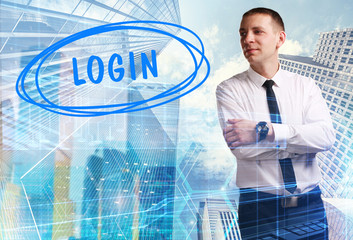 The concept of business, technology, the Internet and the network. Young businessman showing inscription: Login