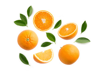 Group of slices, whole of fresh orange fruits and leaves isolated on white background. Top view