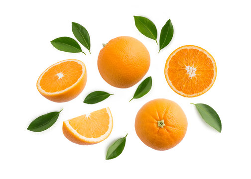 Group of slices, whole of fresh orange fruits and leaves isolated on white background. Top view