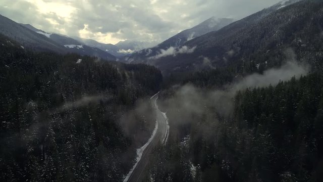 Amazing Mountain Highway Aerial Dramatic Valley Fog