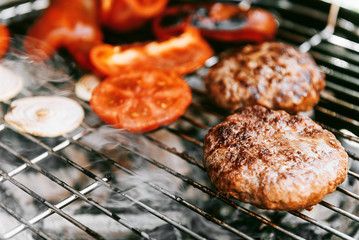 ingredients for burger are grilled