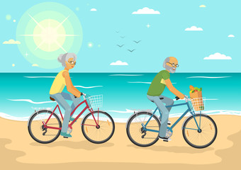 Senior couple on bikes. Senior woman and senior man cycling on the summer sea beach. Healthy lifestyle, sport, transportation concept vector illustration.