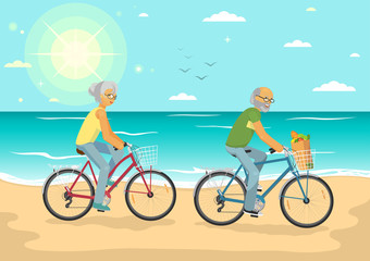Fototapeta premium Senior couple on bikes. Senior woman and senior man cycling on the summer sea beach. Healthy lifestyle, sport, transportation concept vector illustration.