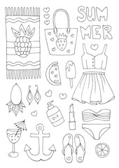 Obraz premium Vector hand drawn set icons, signs summer fashion beachwear and accessories. Collection Summer elements for summer holiday and party. Set collection for design. Coloring page Isolated on white back