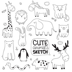 Vector cartoon sketch illustration with cute doodle animals