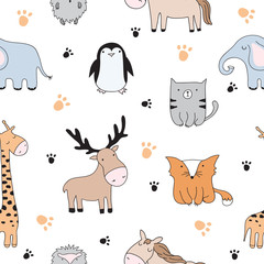 Vector seamless pattern. Cartoon sketch illustration with cute doodle animals.