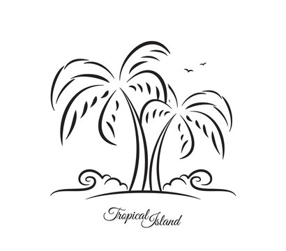 Vector illustration: Hand drawn sketch of palm trees on tropical beach