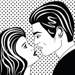 Man and woman in love looking at each other. Vintage popart comic style. Black and white illusatration