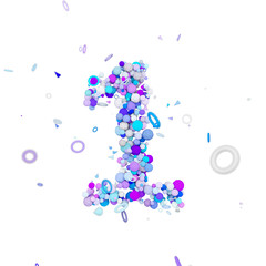 Alphabet number 1. Funny font made of blue balls. 3D render isolated on white background.