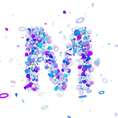 Alphabet letter M uppercase. Funny font made of blue balls. 3D render isolated on white background.
