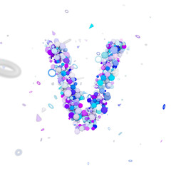 Alphabet letter V uppercase. Funny font made of blue balls. 3D render isolated on white background.