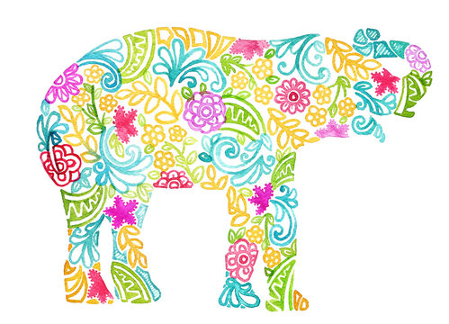 abstract watercolor painted elephant design isolated on white background