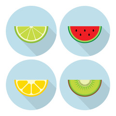 Flat fruit set. Lime, lemon, watermelon, kiwi slice vector icon. Mandarin, orange, citrus, tropical
