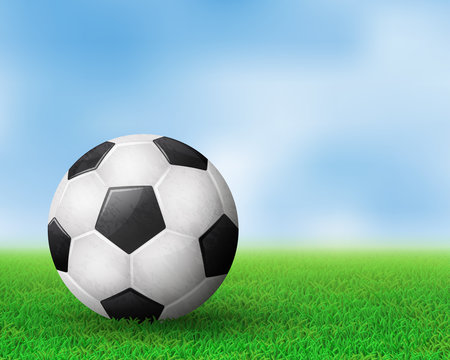Realistic soccer ball on field from side view. EPS 10