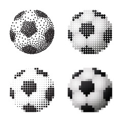 Soccer balls set  on white background in four variants. Circle dotted, pixelated and made from round  particles.