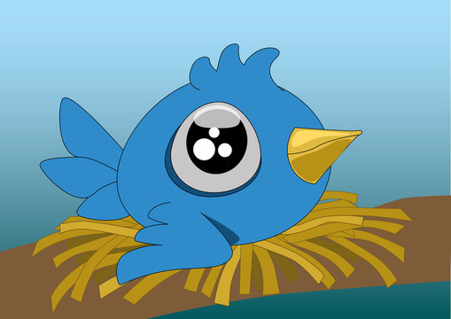 A little cartoon blue bird with big eyes in its nest. Vector illustration