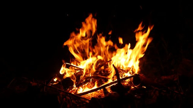 Video footage of a burning and sparking campfire at night with burning woods in 4K resolution.