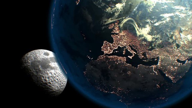 Moonset, View from space, 3d animation. Textures of planets were created in graphic editor without photos. Pattern of city lights furnished by NASA.