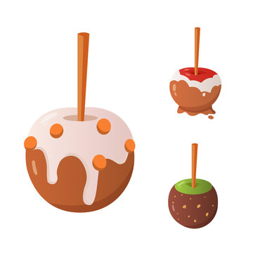 Sweet caramel and chocolate candy apple set. Vector illustration in cartoon style.